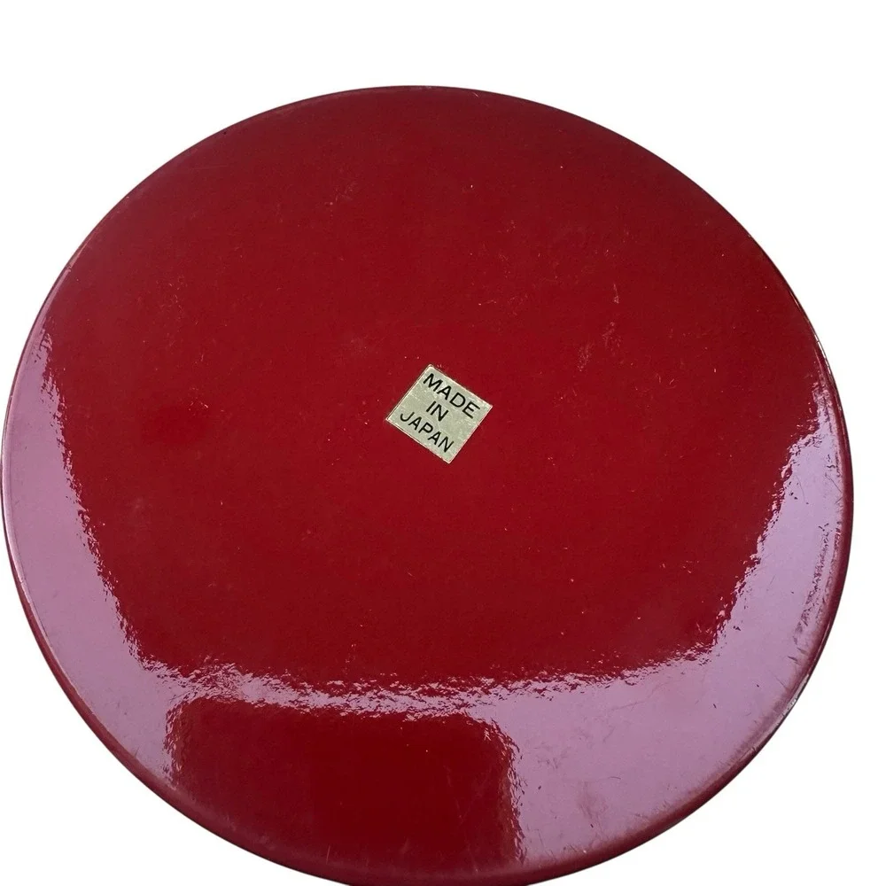 Vintage Red Lacquer Plastic Round‎ PAINTED FLORAL STASH Trinket BOX  w Lid Japan